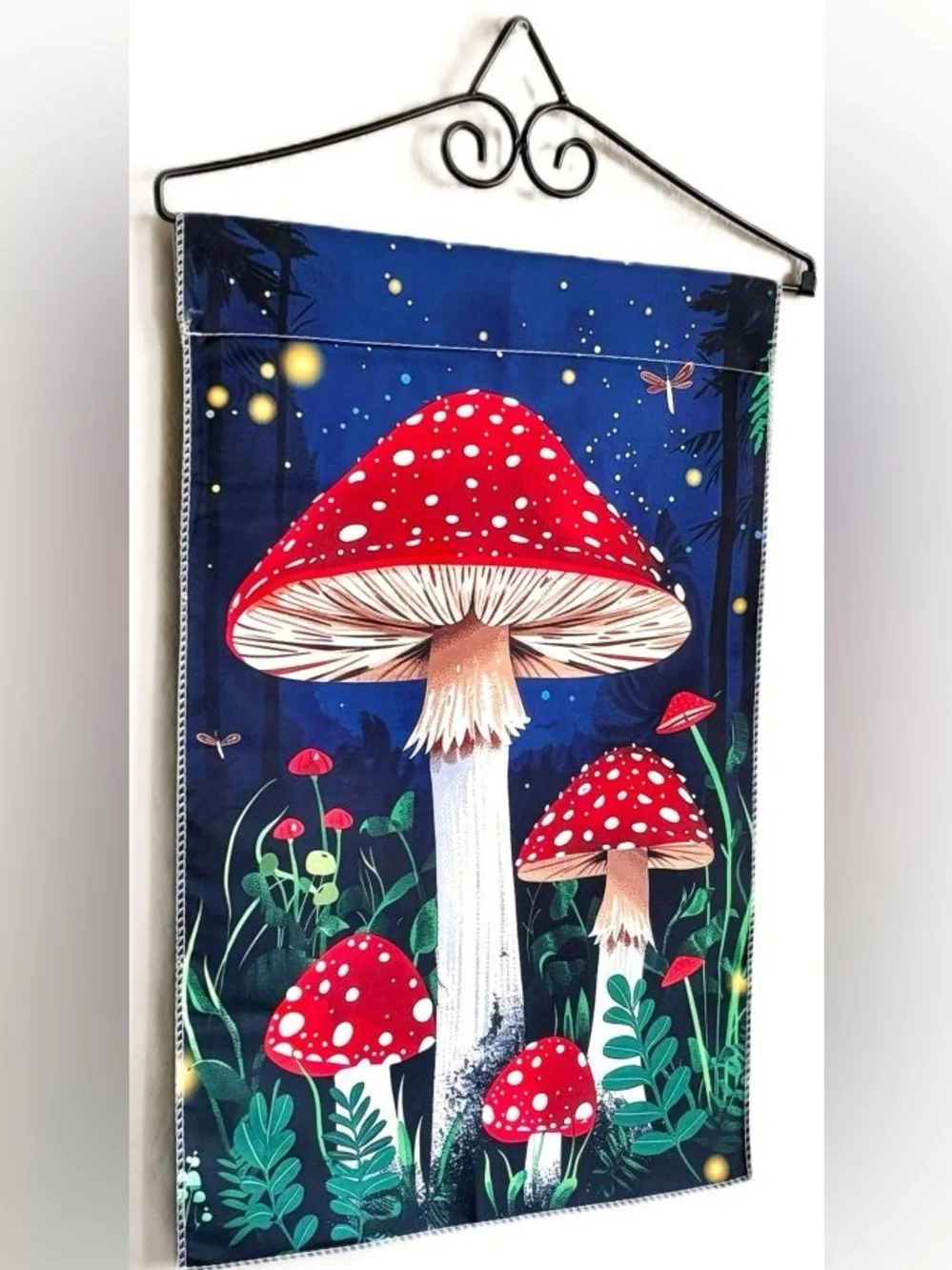 Red & White Polka Dotted Mushrooms Forest at Night Fireflies Yard Garden Flag